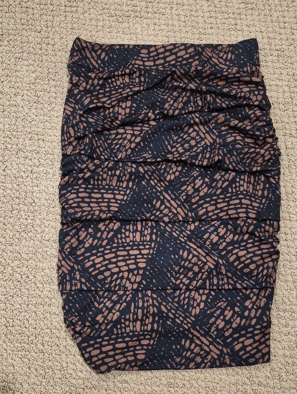 Ruched Navy Pencil Skirt with Brown Abstract Print